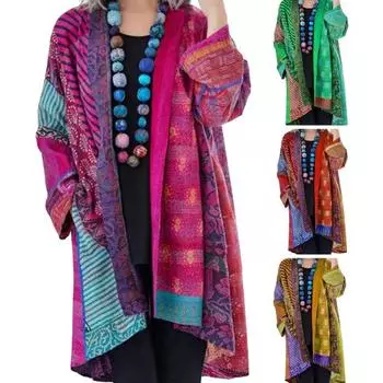 Женское пальто с карманами, цветной принт, кардиган с длинными рукавами, в стиле ретро и этническом стиле, свободная куртка средней длины на весну и осень XL жёлтый