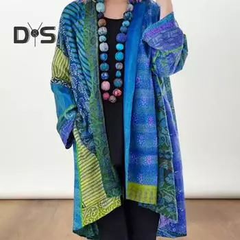 Женское пальто с карманами, цветной принт, кардиган с длинными рукавами, в стиле ретро и этническом стиле, свободная куртка средней длины на весну и осень M жёлтый