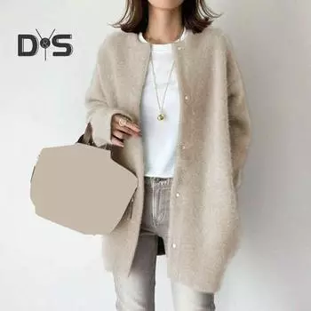 Женское пальто с круглым вырезом и длинным рукавом, однотонное трикотажное пальто свободного кроя средней длины S