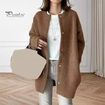 Женское пальто с круглым вырезом и длинным рукавом, однотонное трикотажное пальто свободного кроя средней длины S