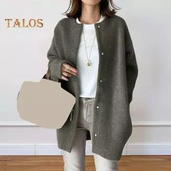Женское пальто с круглым вырезом и длинным рукавом, однотонное трикотажное пальто свободного кроя средней длины S
