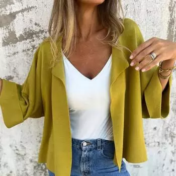 Женское пальто с лацканами, длинный рукав, стандартный стиль, куртка, однотонный цвет, открытый S чёрный