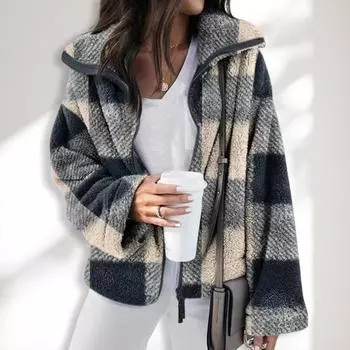 Женское пальто с лацканами, длинным рукавом, клетчатым узором, куртка свободного кроя, застежка-молния, двусторонняя куртка из плюшевой ткани XL черный серый