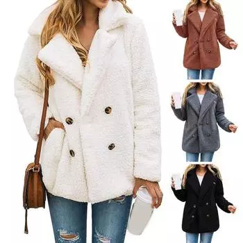 Женское пальто с лацканами и длинным рукавом, длинное плюшевое пальто, свободная куртка S коричневый