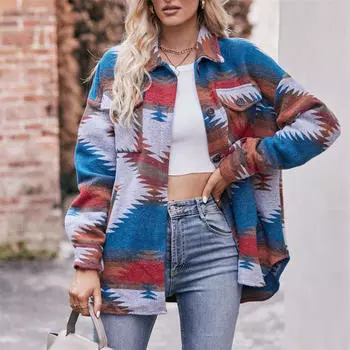 Женское пальто с лацканами, свободная рубашка с длинными рукавами, геометрический узор S