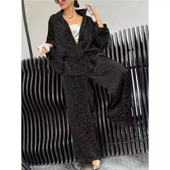 Женское пальто с леопардовым принтом и рукавами средней длины, костюм из двух предметов с завязками на талии, повседневные наряды, костюм на молнии XXXL чёрный