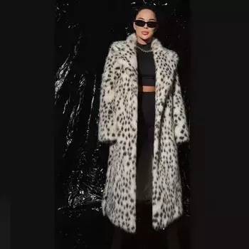 Женское пальто с леопардовым принтом, искусственный мех, воротник средней длины, имитация лисьего меха, травяное пальто, модная одежда больших размеров из хлопка, осень и зима S