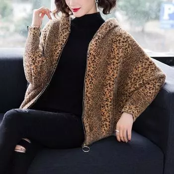 Женское пальто с леопардовым принтом, рукав «летучая мышь», утолщенное теплое пальто с капюшоном One size