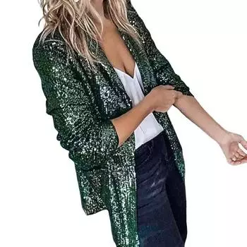 Женское пальто с пайетками, ажурный кардиган с отложным воротником, длинные рукава, однотонный деловой пиджак, верхняя одежда для офиса и поездок на работу XXL