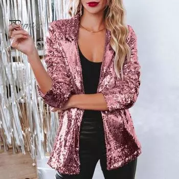 Женское пальто с пайетками, ажурный кардиган с отложным воротником, длинные рукава, однотонный деловой пиджак, верхняя одежда для офиса и поездок на работу M розовый