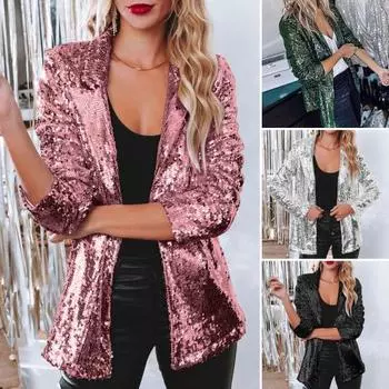 Женское пальто с пайетками, ажурный кардиган с отложным воротником, длинные рукава, однотонный деловой пиджак, верхняя одежда для офиса и поездок на работу L
