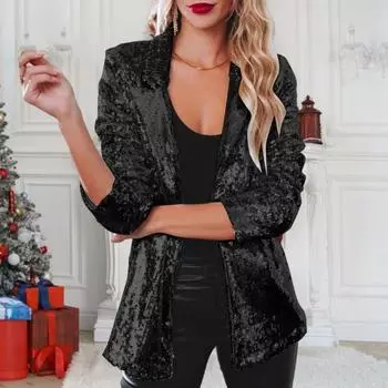 Женское пальто с пайетками, ажурный кардиган с отложным воротником, длинные рукава, однотонный деловой пиджак, верхняя одежда для офиса и поездок на работу XXXL
