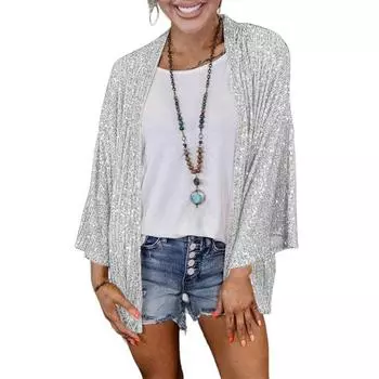 Женское пальто с пайетками, с длинным рукавом, с открытой передней частью, однотонная куртка, однотонный кардиган средней длины для весны и осени S