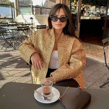 Женское пальто с пайетками, уличное, с длинным рукавом и воротником-стойкой, женская куртка, осенняя, свободная, однобортная, женская верхняя одежда XS золотой