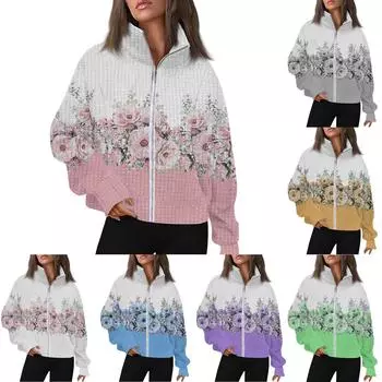 Женское пальто с принтом и длинным рукавом, повседневное пальто на молнии для женщин, пуловер с карманами S