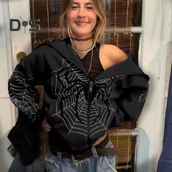 Женское пальто с принтом паутины в виде паука, застежка-молния, свободная с капюшоном и длинным рукавом, свободная кардиган с эластичными манжетами, толстая теплая индивидуальная женская куртка в стиле хип-хоп M красный