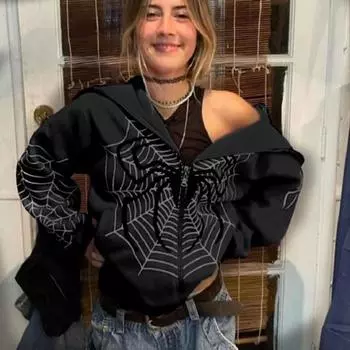 Женское пальто с принтом паутины в виде паука, застежка-молния, свободная с капюшоном и длинным рукавом, свободная кардиган с эластичными манжетами, толстая теплая индивидуальная женская куртка в стиле хип-хоп