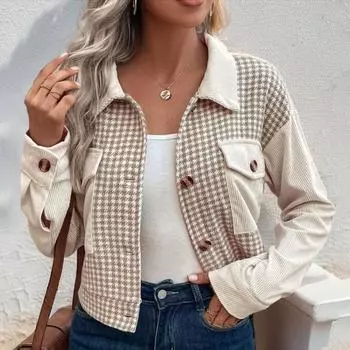 Женское пальто с принтом в клетку Кардиган на пуговицах Длинные рукава Нагрудные карманы Отложной воротник Кардиган Повседневный S хаки