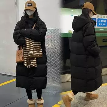 Женское пальто с пуховой подкладкой из хлопка 2024 года, новое зимнее пальто в корейском стиле в студенческом стиле средней и длинной длины с капюшоном и утепленной подкладкой из хлопка S чёрный