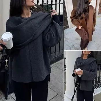 Женское пальто с шарфом, V-образным вырезом, свободным длинным рукавом, кардиганом, короткой курткой с шалью, однотонная повседневная верхняя одежда для поездок на работу и обратно на весну и осень S верблюд
