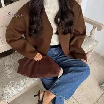 Женское пальто с шарфом, V-образным вырезом, свободным длинным рукавом, кардиганом, короткой курткой с шалью, однотонная повседневная верхняя одежда для поездок на работу и обратно на весну и осень S верблюд