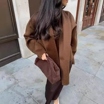 Женское пальто с шарфом, V-образным вырезом, свободным длинным рукавом, кардиганом, короткой курткой с шалью, однотонная повседневная верхняя одежда для поездок на работу и обратно на весну и осень S верблюд