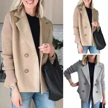 Женское пальто с трикотажными рукавами, двубортное, с отложным воротником, свободный пиджак, деловой стиль, свитер, пальто XXL хаки