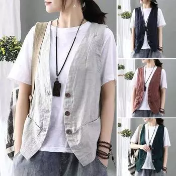 Женское пальто с v-образным вырезом, однобортный однобортный кардиган без рукавов, однотонный кардиган на пуговицах, одежда в стиле ретро, жилет, повседневный жилет M кофейный