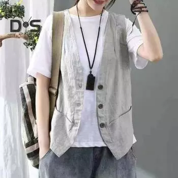 Женское пальто с v-образным вырезом, однобортный, без рукавов, однотонный, на пуговицах, ретро-кардиган, жилет, повседневная одежда, повседневный жилет, топ L светло-серый
