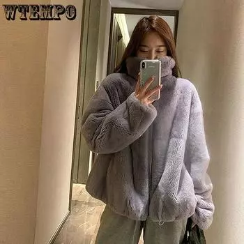 Женское пальто с воротником-стойкой из искусственного меха кролика Рекс, шубы в стиле вестерн, женские зимние корейские свободные пальто с воротником-стойкой, короткое женское пальто Tide Ins S бежевый