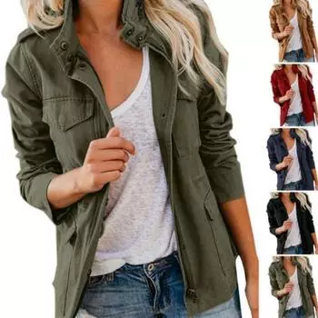 Женское пальто с воротником-стойкой на молнии с несколькими карманами сплошной цвет с длинными рукавами мягкий повседневный кардиган однотонное весеннее пальто для повседневной носки M чёрный