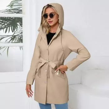 Женское пальто с защитой от брызг, однобортное, с капюшоном, длинными рукавами, на шнуровке, с узкой талией, на шнурке, кардиган, пальто для активного отдыха S чёрный