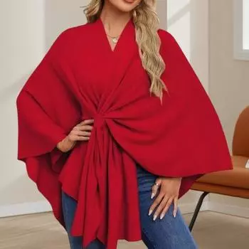 Женское пальто-шаль с V-образным вырезом, осень-зима, большое пончо, сохраняющее тепло, чистый цвет, ветрозащитное светло-синий