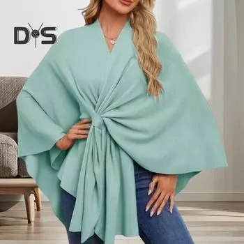 Женское пальто-шаль с V-образным вырезом, осень-зима, большое пончо, сохраняющее тепло, однотонное, ветрозащитное, с открытыми плечами и рукавами «летучая мышь» светло-синий