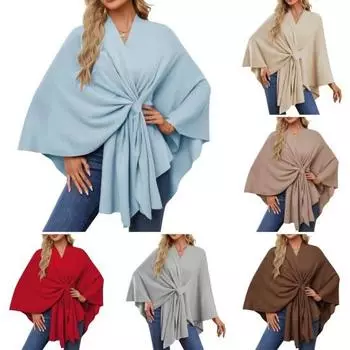 Женское пальто-шаль с V-образным вырезом, осень-зима, большое пончо, сохраняющее тепло, однотонное, ветрозащитное, с открытыми плечами и рукавами «летучая мышь» светло-синий