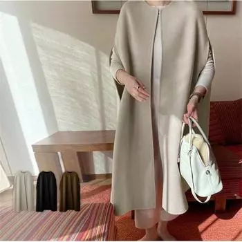 Женское пальто, шерстяной кардиган без рукавов средней длины с круглым вырезом One size бежевый