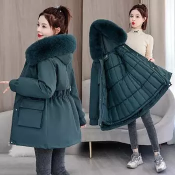 Женское пальто со съемной подкладкой, набитое и утолщенное, на хлопковой подкладке, средней и длинной длины, с большим меховым воротником и талией, на хлопковой подкладке. M хаки