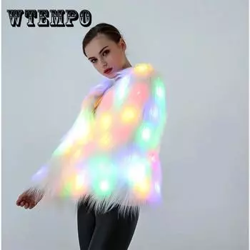 Женское пальто со светодиодной подсветкой из искусственного меха, рождественские костюмы, пушистая меховая куртка для косплея, верхняя одежда, зимнее теплое пальто для фестиваля, вечеринки, клуба
