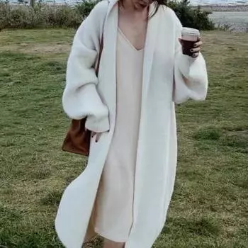 Женское пальто, сплошной цвет, утолщенный вязаный кардиган из искусственного норкового флиса, женское длинное пальто выше колена в ленивом стиле, свободный длинный свитер, пальто, уличная одежда onesize