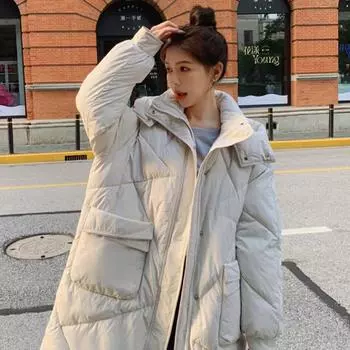 Женское пальто средней длины 2024 года, зимняя свободная хлопковая куртка в корейском стиле, однотонное пальто большого размера, теплое и ветрозащитное M зелёный