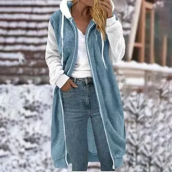 Женское пальто средней длины с однотонным лоскутным рукавом и двусторонним плюшевым карманом с капюшоном XXXL