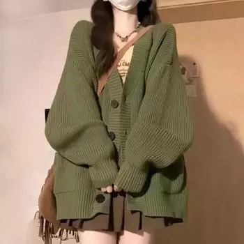 Женское пальто-свитер с V-образным вырезом, длинным рукавом, однотонное трикотажное пальто с большими карманами, средней длины, свободного кроя хаки