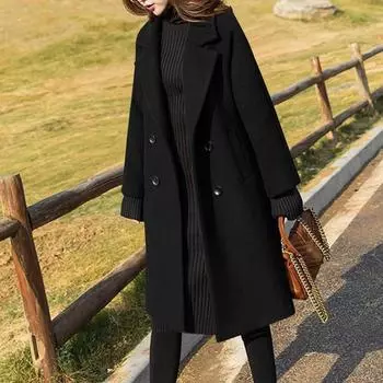 Женское пальто-свитер, утепленное теплое пальто средней длины, холодное и ветрозащитное пальто S чёрный