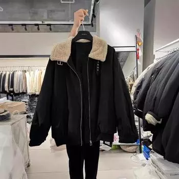 Женское пальто-тренч из овечьей шерсти с отворотами, утепленное шерстью зимой, новое свободное пальто Han Fan средней и длинной длины, защищающее от холода M(80-110) чёрный