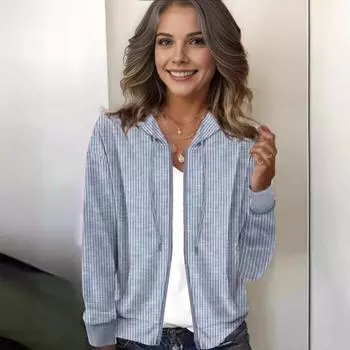 Женское пальто в полоску с капюшоном и шнурком с длинными рукавами, кардиган на молнии, свободная куртка для поездок на работу 2XL серый