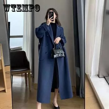 Женское пальто, верхняя одежда, зимняя одежда, модное теплое полушерстяное женское длинное элегантное двубортное черное шерстяное пальто 2XL темно-синий