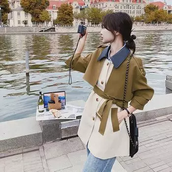 Женское пальто-ветровка, свободного покроя, весна-осень, контрастный цвет, имитация двух частей, пальто средней длины в британском стиле S