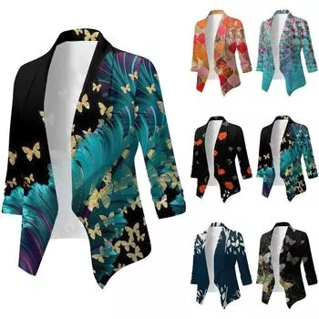 Женское пальто Work Casual Print Короткий свободный кардиган с лацканами XL небесно-голубой