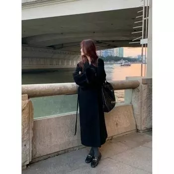 Женское пальто высокого класса на осень и зиму, кашемировое женское двустороннее средней длины, со съемным воротником из натурального лисьего меха, шерстяное пальто XS (155-163cm) (90-80kg)