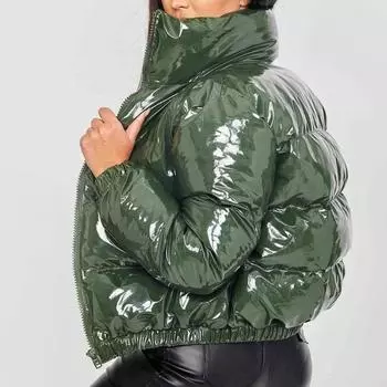 Женское пальто Яркая поверхность Гладкая молния куртка осень зима однотонный воротник стойка стеганое пальто для повседневной носки XS белый